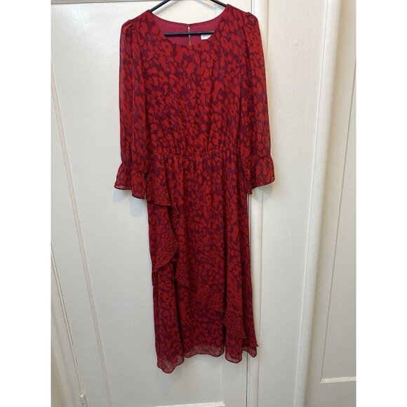Gibson Latimer Dress Red Midi M Flowy Elastic Waist Keyhole Close Sheer Ruffles - Picture 1 of 4